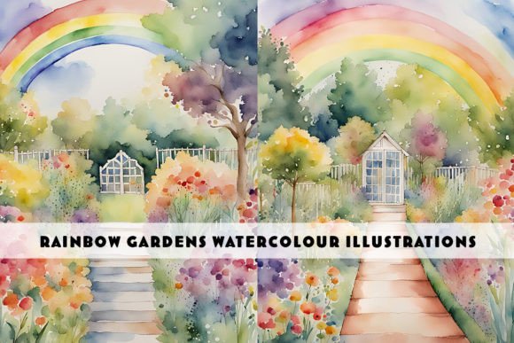 Rainbow Garden Duo Watercolour Paintings: Elevate Your Digital Projects