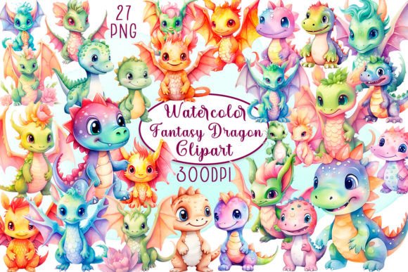Watercolour Colourful Fantasy Dragon Clipart